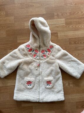 Little Girls Faux-Fur Hooked Coat with Pink Floral Embroidery - Kids